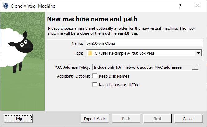 Clone Virtual Machine Wizard: New Machine Name and Path