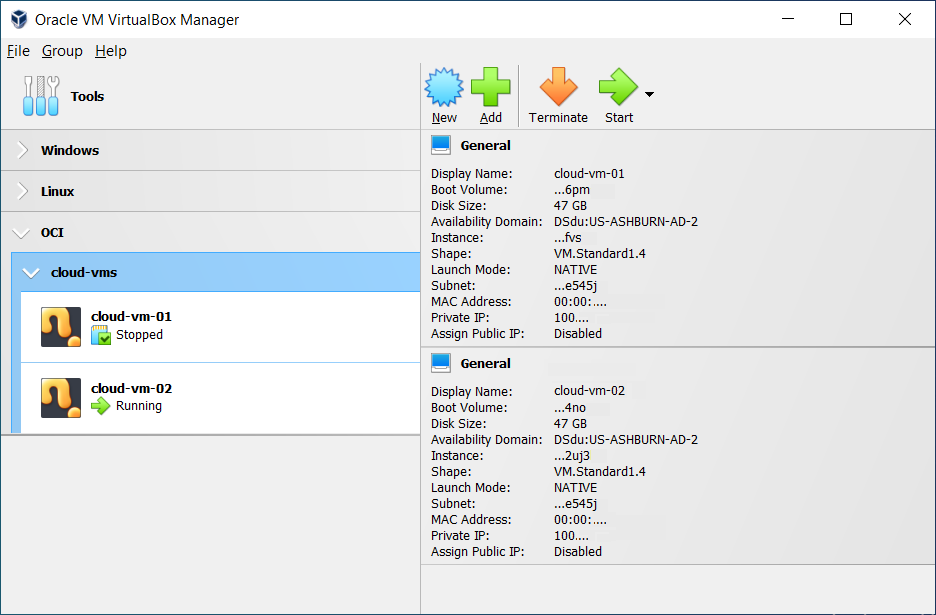 Cloud VMs, Shown in VirtualBox Manager