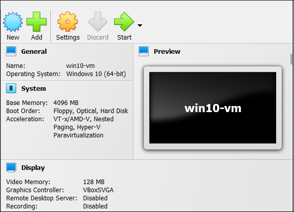 VirtualBox Manager Details Pane, Including Toolbar