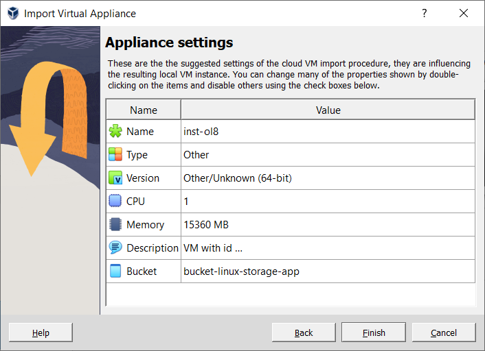 Import Cloud Instance Screen, Showing Profile Settings and VM Settings