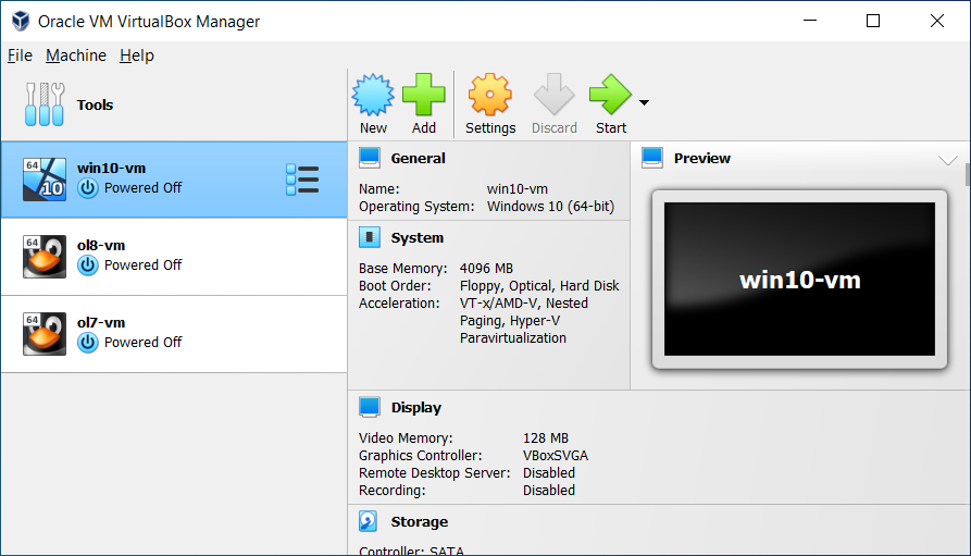 VirtualBox Manager Window, After Creating Virtual Machines